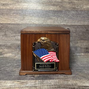 Military Veteran MAHOGANY Urn Memorial Urn Funeral Cremation Urn Patriotic US Flag and Eagle Adult Wood Urn With Personalization Upto 325 lb