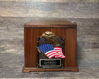 Military Veteran MAHOGANY Urn Memorial Urn Funeral Cremation Urn Patriotic US Flag and Eagle Adult Wood Urn With Personalization Upto 325 lb