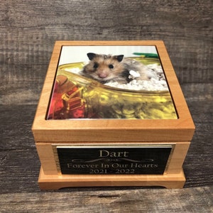 Urna para hámster Urna para ratón Urna para conejillo de indias Urna para animales pequeños Urna para conejos Caja conmemorativa para mascotas Urna de cremación Azulejo con foto personalizado y etiqueta grabada Hasta 25 libras