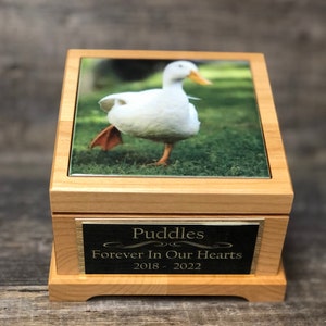 May include: A wooden pet urn with a white duck on the lid. The urn has a black plaque with gold lettering that reads "Puddles Forever In Our Hearts 2018 - 2022".