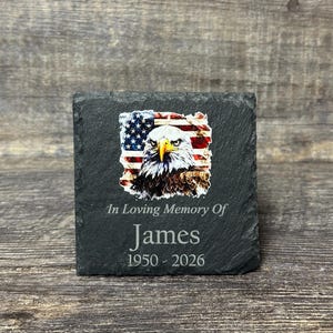 Personalized Memorial Stone EAGLE with Flag Military Remembrance Custom Engraved Slate Garden Memorial Plaque In Loving Memory of