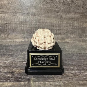 Puede incluir: Un trofeo negro con una parte superior en forma de cerebro blanco. El trofeo tiene una placa dorada que dice "Knowledge Bowl Champion".