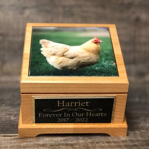 May include: A wooden pet urn with a photo of a white chicken on the lid. The urn has a black plaque with the name "Harriet" and the text "Forever In Our Hearts 2017 - 2022".