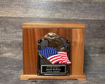 Military Veteran MAHOGANY Urn Memorial Urn Funeral Cremation Urn Patriotic US Flag and Eagle Adult Wood Urn With Personalization Upto 325 lb