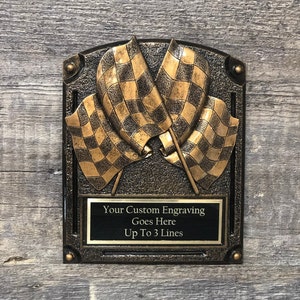 Racing Trophy Checkered Flags Plaque Race Flags Plaque 8&quot; Car Show Trophy Hot Rod Trophy  Best In Show Best Car Award Participant Trophy