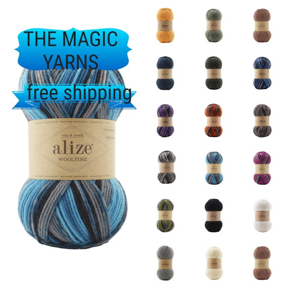 Set of 5 Skeins Alize Wooltime Solid Colors and Self-striping