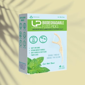 May include: A box of LivingPro biodegradable floss picks. The box is white and green, with text that reads "Biodegradable Floss Picks" and "Cool Mint Flavor." The box contains 4 packs with 220 count.