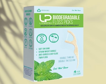Plant-Based Mint Floss Picks (220pcs) + Travel Case | Biodegradable Wheat Handle | Thin, Shred-Resistant, Easy Glide for Gentle Gum Care