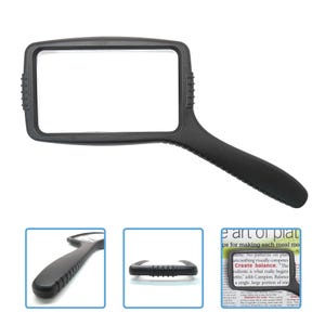 May include: A black rectangular magnifying glass with a handle. The lens is clear, and the handle has a textured grip for easy handling. The magnifying glass is designed for reading and detailed work.