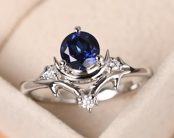 personalization sapphire ring,round cut moon wedding ring,sterling silver September birthstone ring
