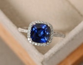Sapphire ring, cushion cut engagement ring, silver, blue sapphire, halo silver ring