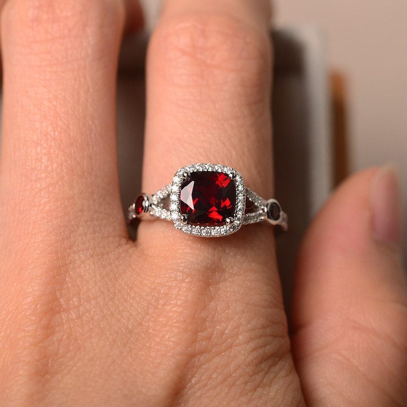 Garnet ring, engagement ring, cushion cut ring, red garnet ring, engagement ring image 4