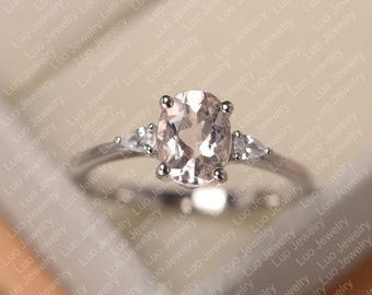 Morganite engagement ring, sterling silver wedding ring for women, oval cut pink stone ring
