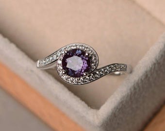 Lab alexandrite ring, wedding ring, round cut gemstone, sterling silver ring, color change gemstone ring, June birthstone ring
