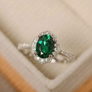 Vintage emerald engagement ring, May birthstone, oval cut, sterling silver halo ring