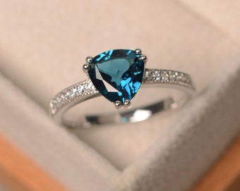 London blue topaz ring, engagement ring, trillion cut ring, sterling silver ring