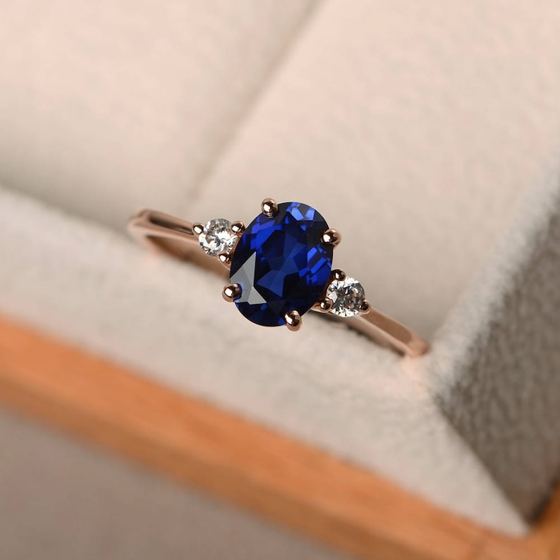 Vintage sapphire ring , blue gemstone wedding ring, oval cut September birthstone, 14k rose gold image 2