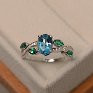 Schweizer Blautopasring, Sterlingsilber, blauer Edelsteinring, Blattring, Multisteinring, Ovalschliff