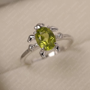 Peridot engagement ring, oval cut, August birthstone ring, sterling silver ring, turtle ring
