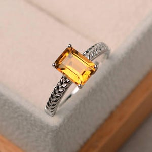 Natural citrine ring, emerald cut yellow gemstone, solitaire ring, November birthstone, sterling silver ring