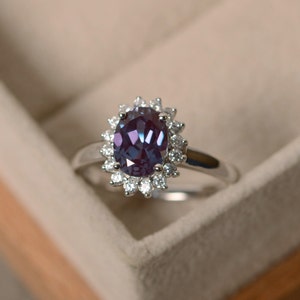 Oval cut alexandrite cocktail ring, halo ring, sterling silver, June birthstone, color changing gemstone