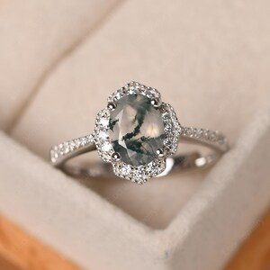 Retro Moosachat Ring, ovaler 8 x 6 mm Halo Ehering, Sterling Silber Milgrain Ring