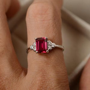 Lab ruby ring, rectangle ring, July birthstone ring, red ruby ring, rectangle ring image 4
