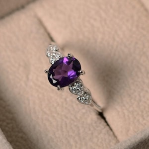 Purple amethyst ring, sterling silver, February birthstone, oval cut, engagement ring