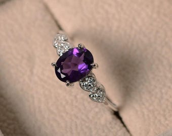 Purple amethyst ring, sterling silver, February birthstone, oval cut, engagement ring