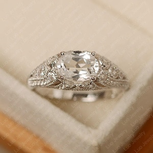 White topaz ring, white gold, engagemetn ring, oval cut, white stone ring