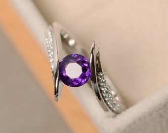 Amethyst ring, engagement  ring, sterling silver, purple amethyst, quartz ring silver, purple gemstone