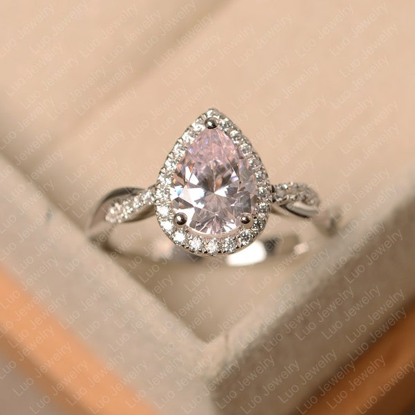 Pink cz ring, pear cut pink stone ring, white gold, engagement ring for women