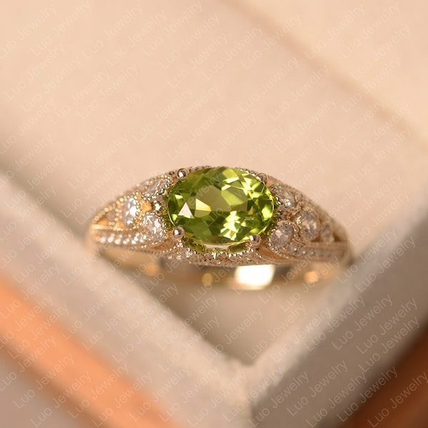 Peridot ring, yellow gold, wedding ring, August birthstone, oval cut, green stone ring