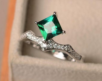 Labrador Smaragd Ring, Mai Geburtsstein, Princess Cut, Drachen gefasst, grüner Edelstein, Verlobungsring