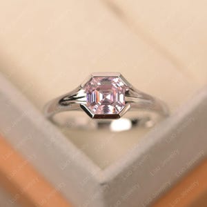 Pink CZ ring, asscher cut, white gold, pink crystal, elegant ring,gift for girls