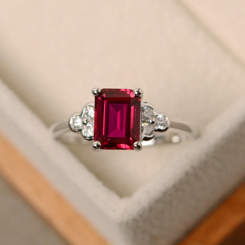 Lab ruby ring, rectangle ring, July birthstone ring, red ruby ring, rectangle ring image 2