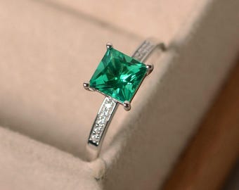 Smaragd Verlobungsring, Sterling Silber, Smaragd im Princess Cut