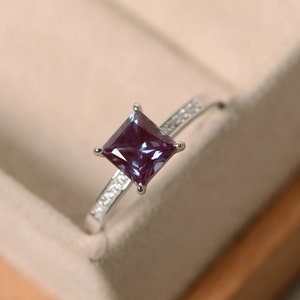 alexandrite engagement ring, sterling silver, princess cut, June birthstone