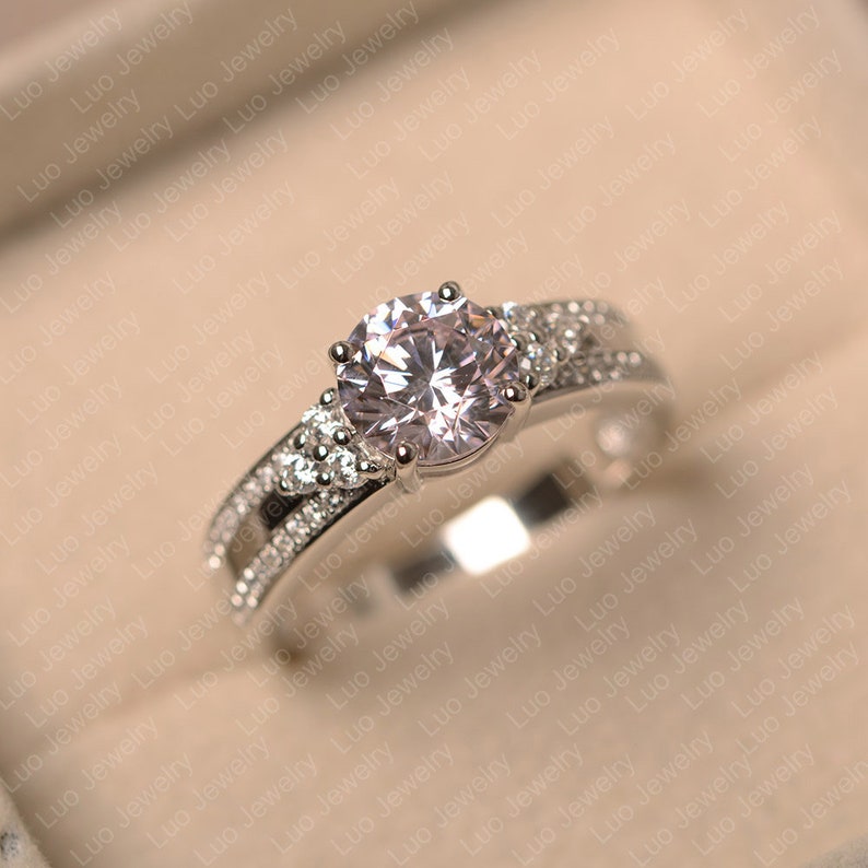pink gemstone ring CZ ring round cut sterling silver wedding ring