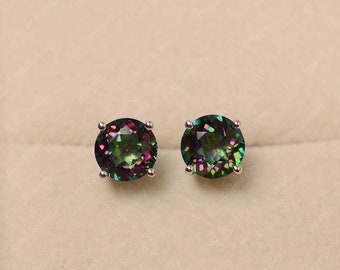 Genuine mystic topaz earrings, sterling silver, round cut, earrings studs,rainbow topaz studs, funny gifts