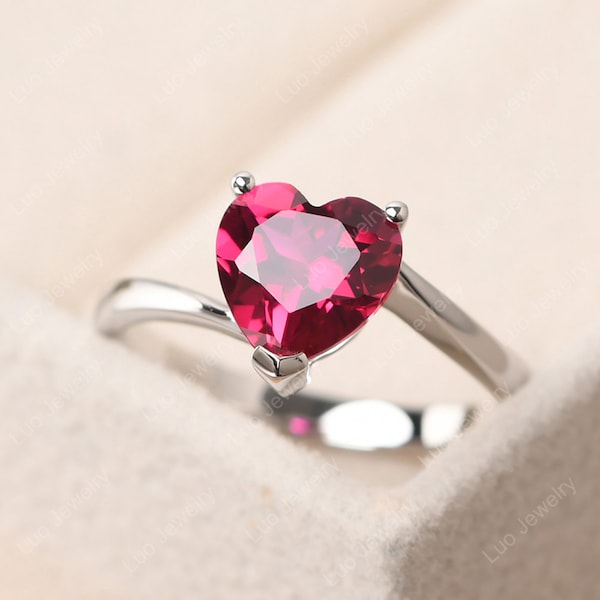 Heart shaped 2.60 carat ruby proposal ring,sterling silver,bypass solitaire ring, July birthstone