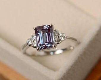 Emerald cut alexandrite cocktail ring, June birthstone, 14k whiqte gold, Multi-stone ring