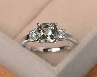 engagement ring,cushion cut,real green amethyst ring,natural gemstone ring,sterling silver ring