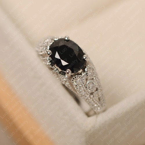 Oval cut black spinel ring, balck gems ring, sterling shops silver, engagement ring