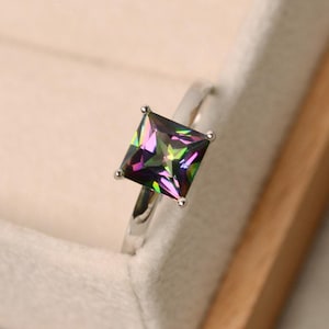 Mystic-topaasring, solitairering, princess geslepen, regenboogring