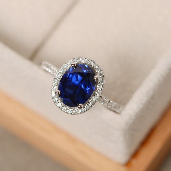 Halo verlovingsring, blauwe saffier ring, ovaal gevormd, sterling zilver, september geboortesteen