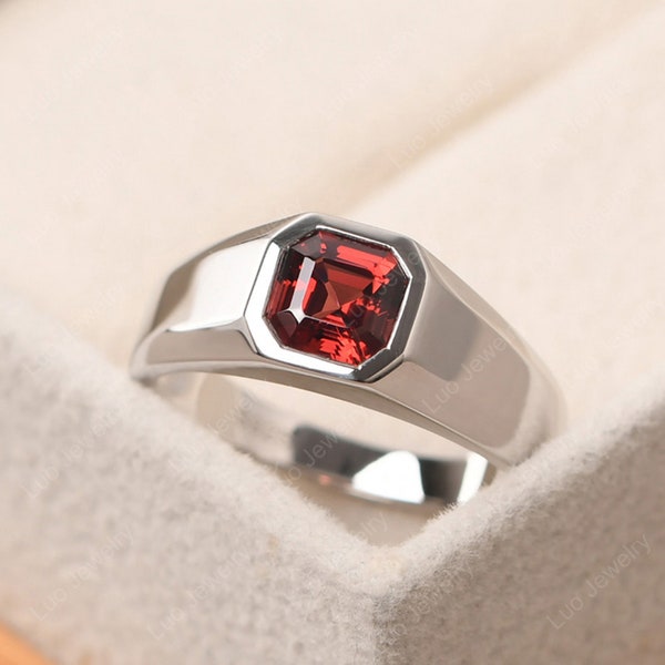 Simple wedding ring for men, asscher cut wide band with garnet cocktail ring, January birthstone