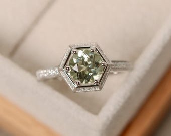 Green amethyst engagement ring, sterling silver, pale ring, natural quartz ring, round engagement ring
