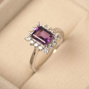 Real amethyst promise ring, February birthstone, emerald cut halo ring, sterling silver