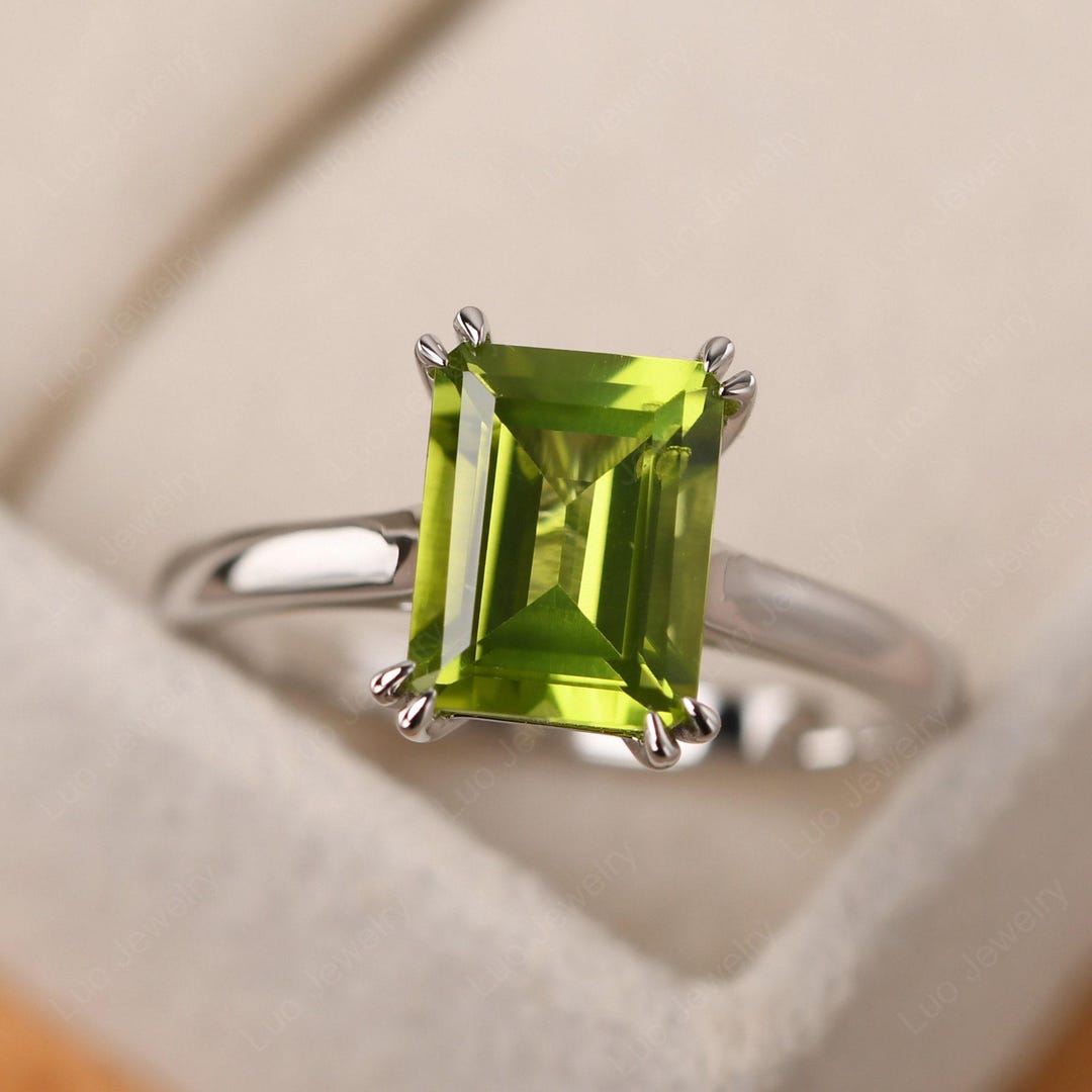 Natural Peridot Promise Ring, Emerald Cut Sterling Silver, August